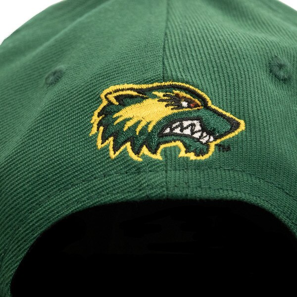 CapX forest green structured adjustable hat from the back with a vintage green and gold mascot head logo on the back
